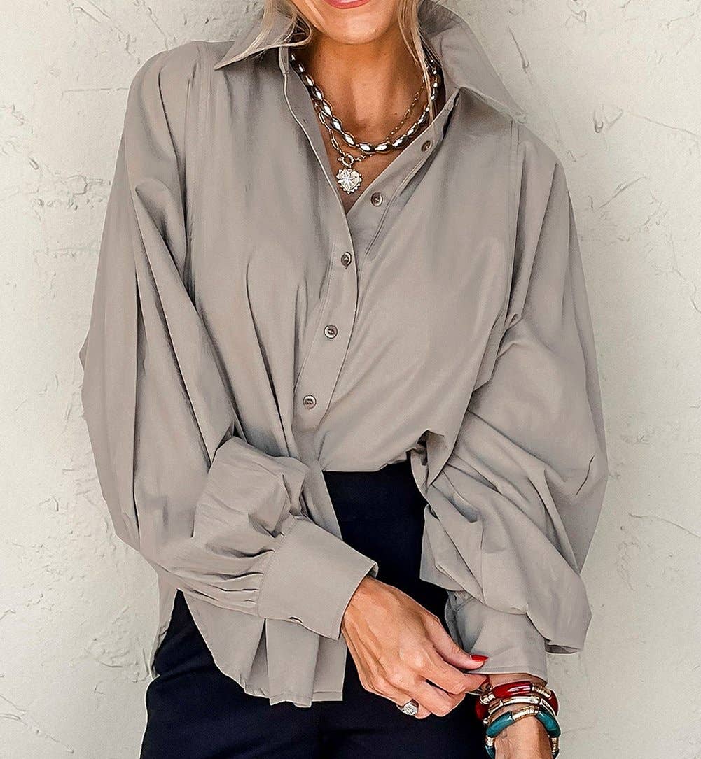 Balloon Sleeve Side Slits Loose Fit Shirt