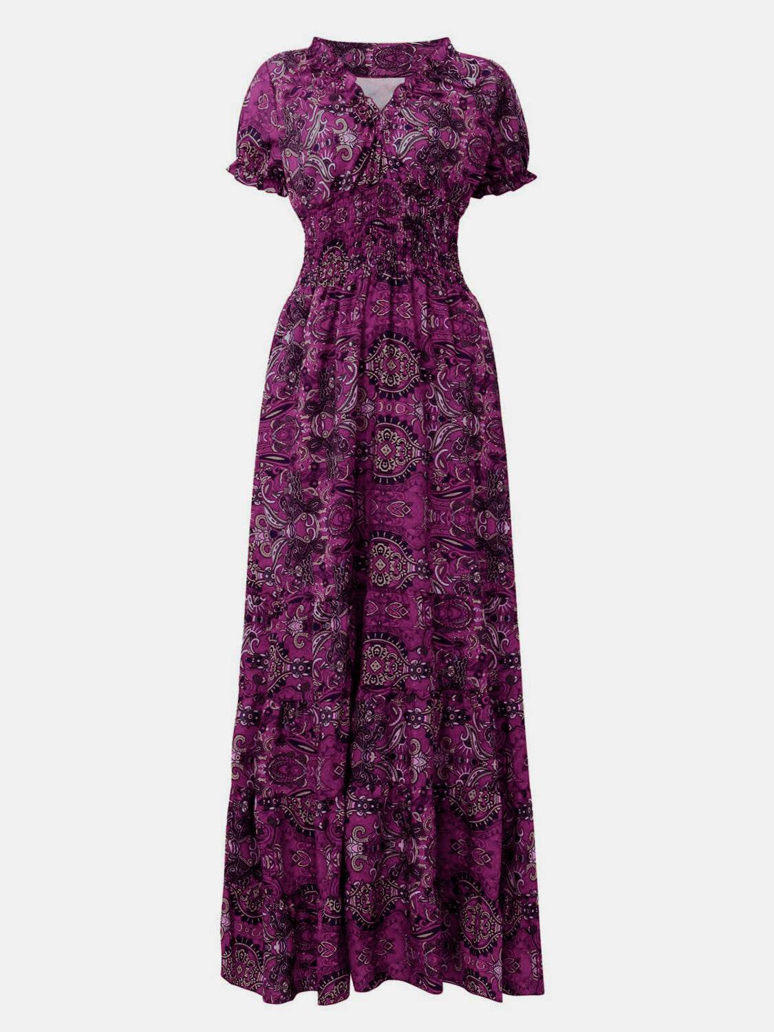 Full Size Smocked Printed V-Neck Short Sleeve Dress - UnLaced Boutique