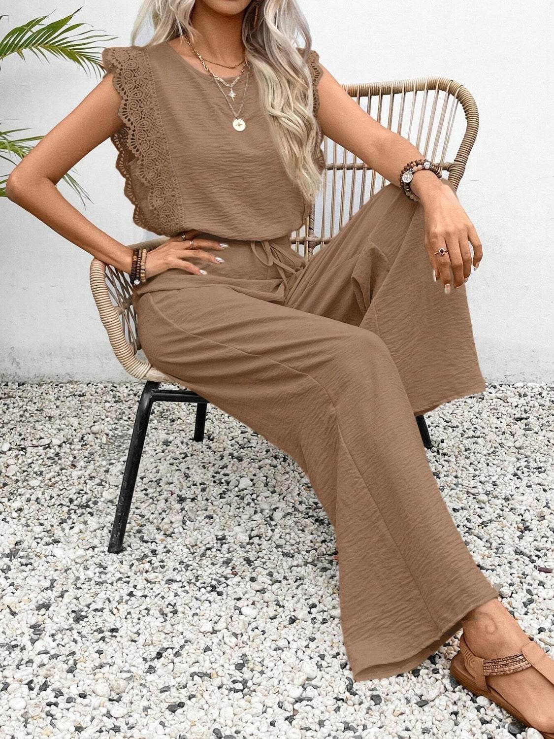 Lace Trim Round Neck Top and Pants Set - UnLaced Boutique