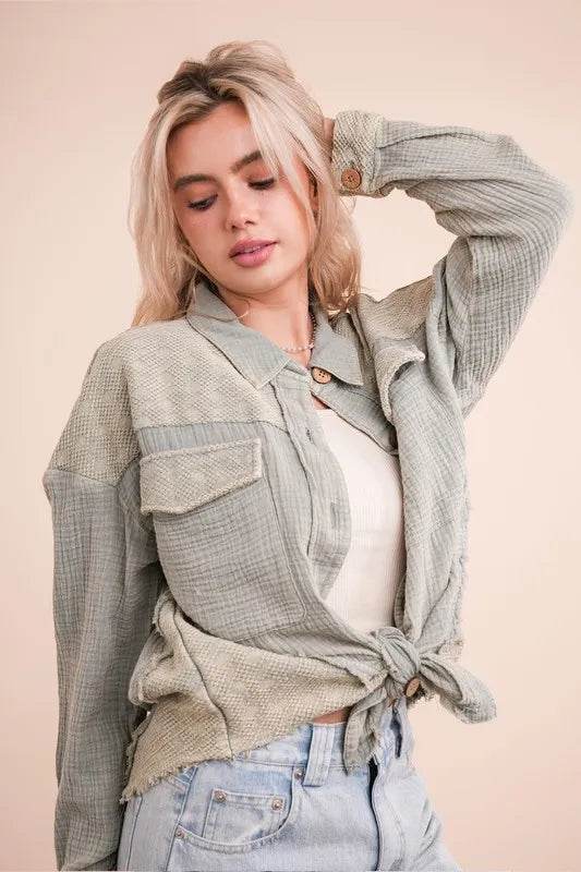 VERY J Mineral Washed Oversized Gauze Shacket - UnLaced Boutique