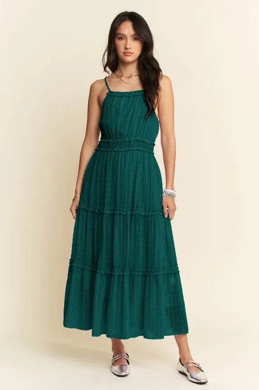Davi & Dani Texture Swiss Dot Ruffle Square Neck Midi Dress - UnLaced Boutique