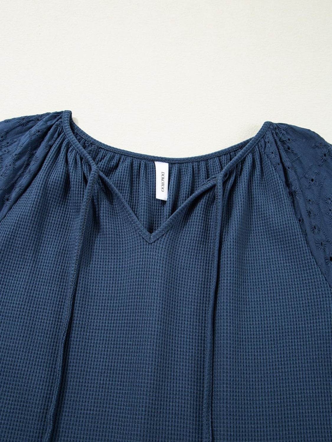 Eyelet Tie Neck Three-Quarter Sleeve Blouse - UnLaced Boutique
