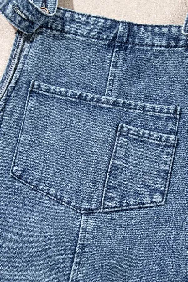 Distressed Bib Pocket Wide Leg Denim Overalls - UnLaced Boutique