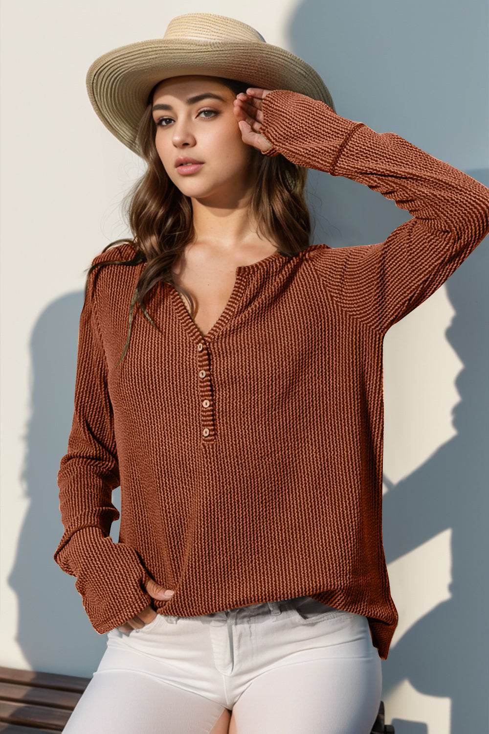 Double Take Full Size Notched Thumbhole Long Sleeve T-Shirt - UnLaced Boutique