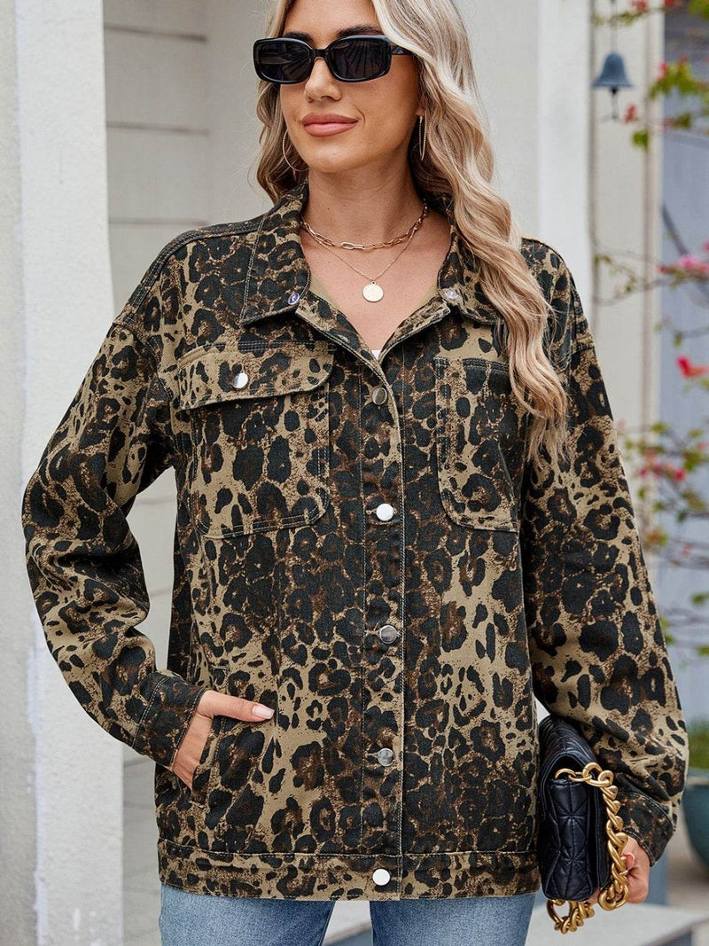 Pocketed Leopard Long Sleeve Denim Jacket - UnLaced Boutique