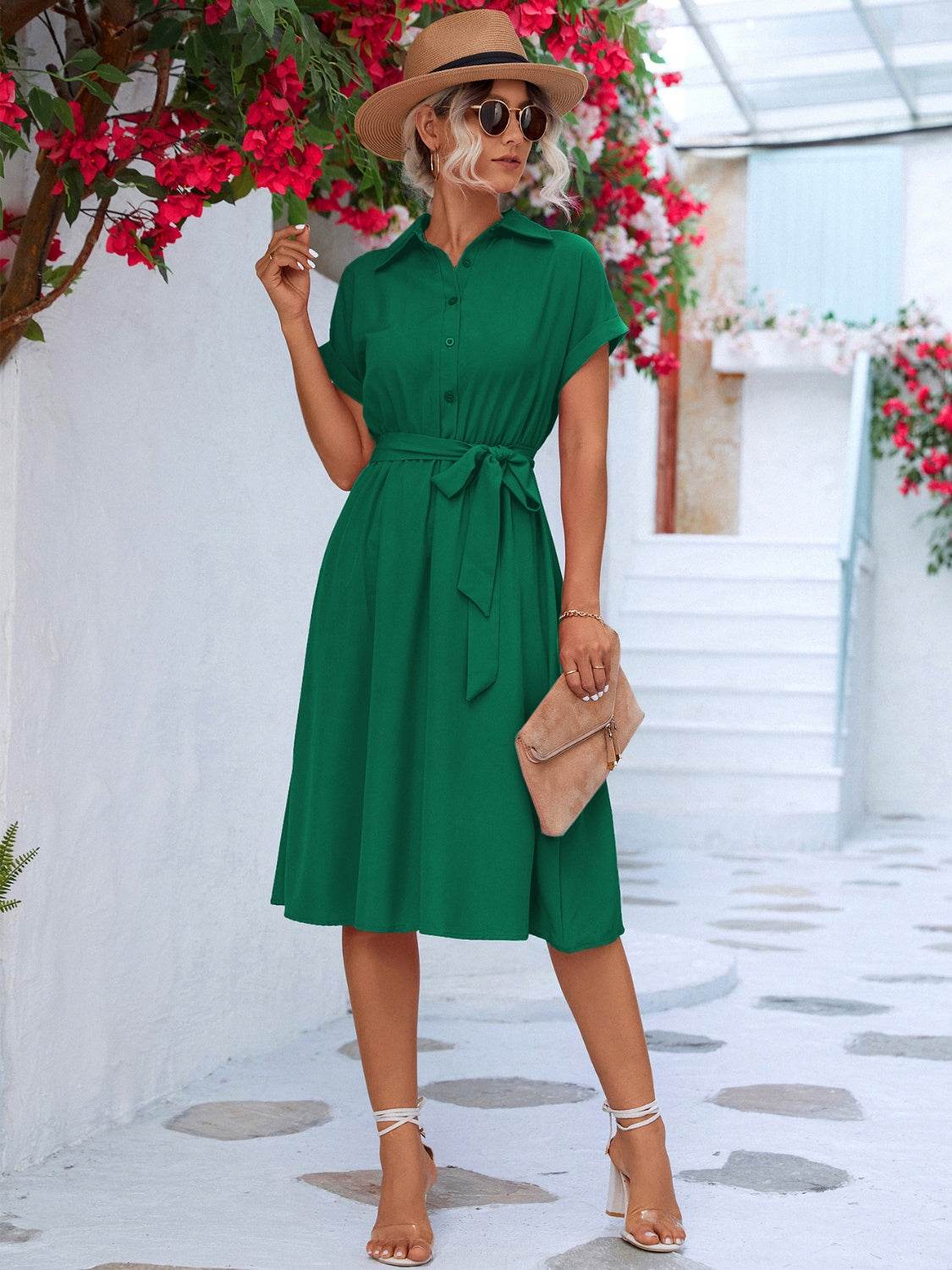 Buttoned Tie Waist Short Sleeve Dress - UnLaced Boutique