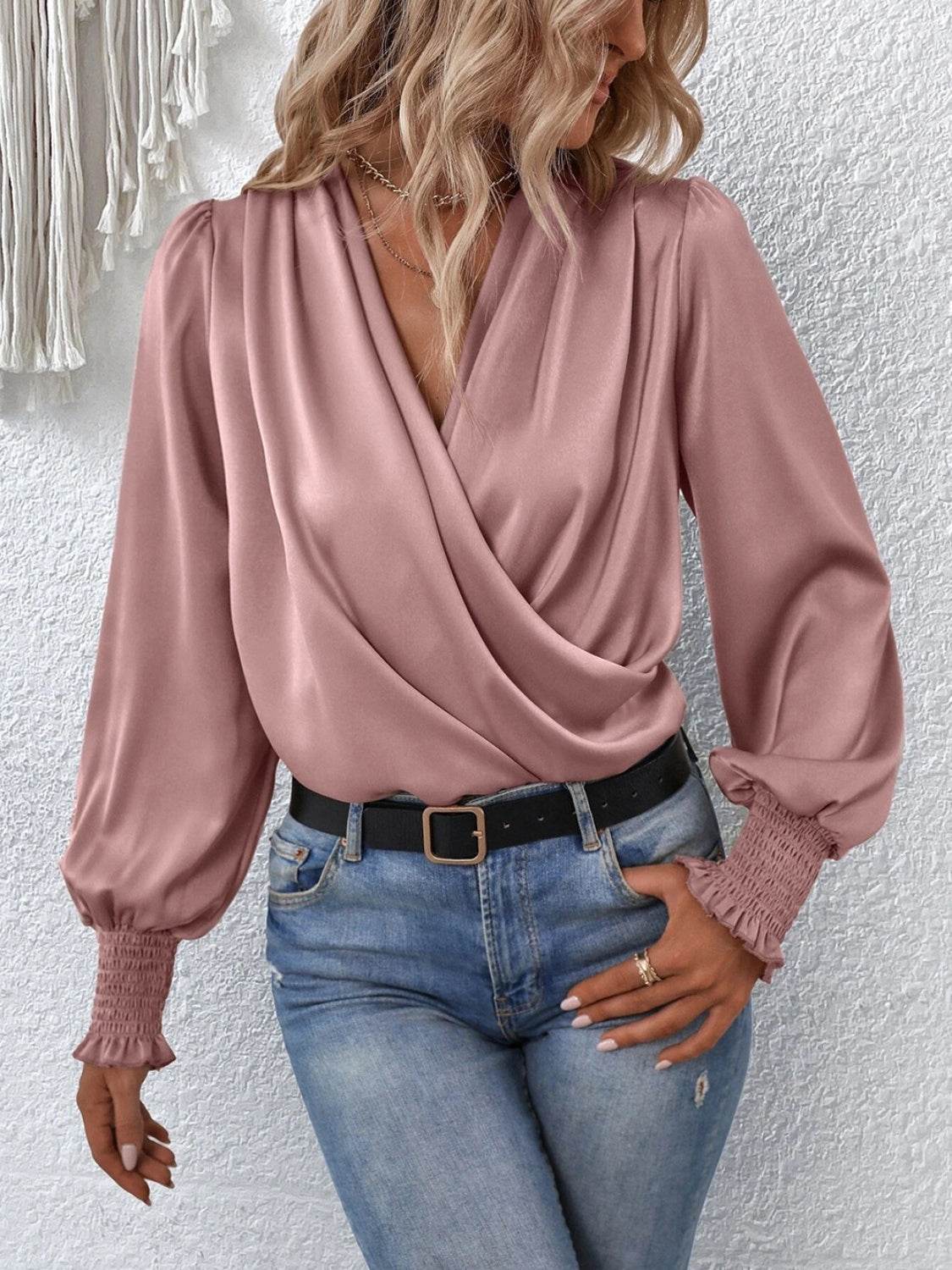 Surplice Smocked Lantern Sleeve Blouse - UnLaced Boutique