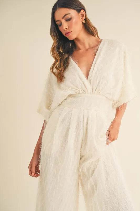 MABLE Fluffy Deep V Neck Wide Leg Jumpsuit - UnLaced Boutique