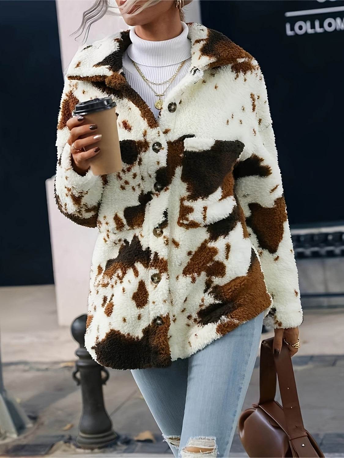 Cow Print Collared Neck Button Up Fuzzy Jacket - UnLaced Boutique