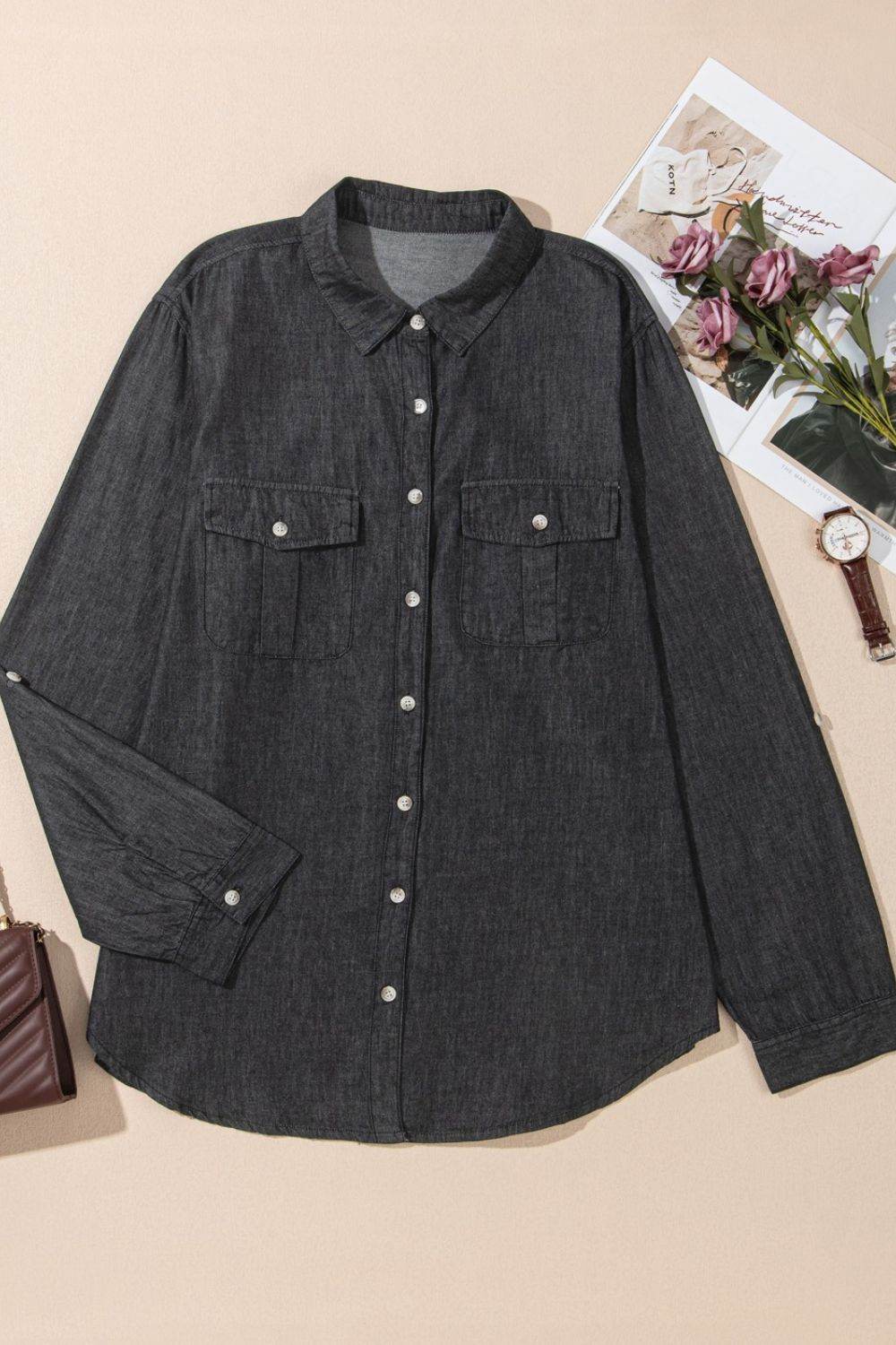 Pocketed Collared Neck Long Sleeve Denim Top - UnLaced Boutique