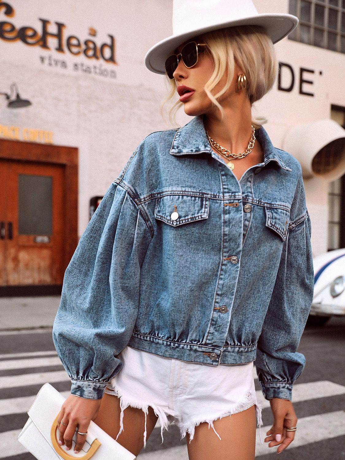 Collared Neck Dropped Shoulder Denim Top - UnLaced Boutique