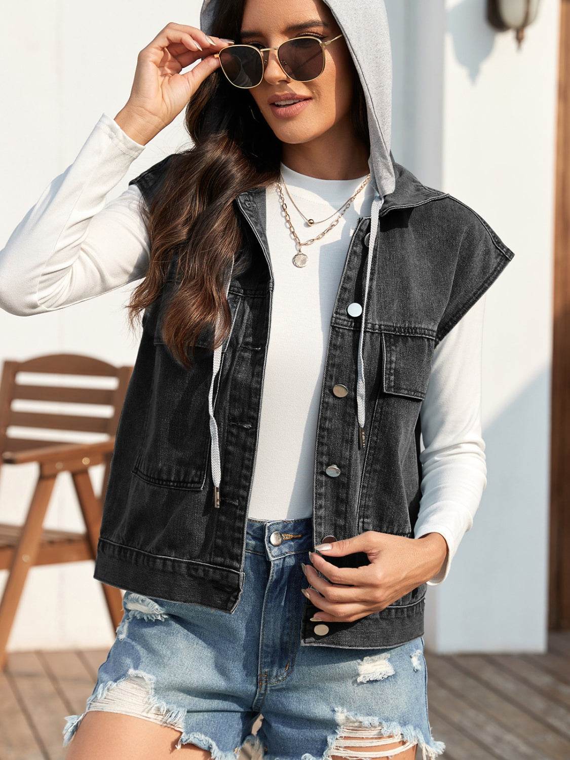 Drawstring Button Up Sleeveless Denim Jacket - UnLaced Boutique