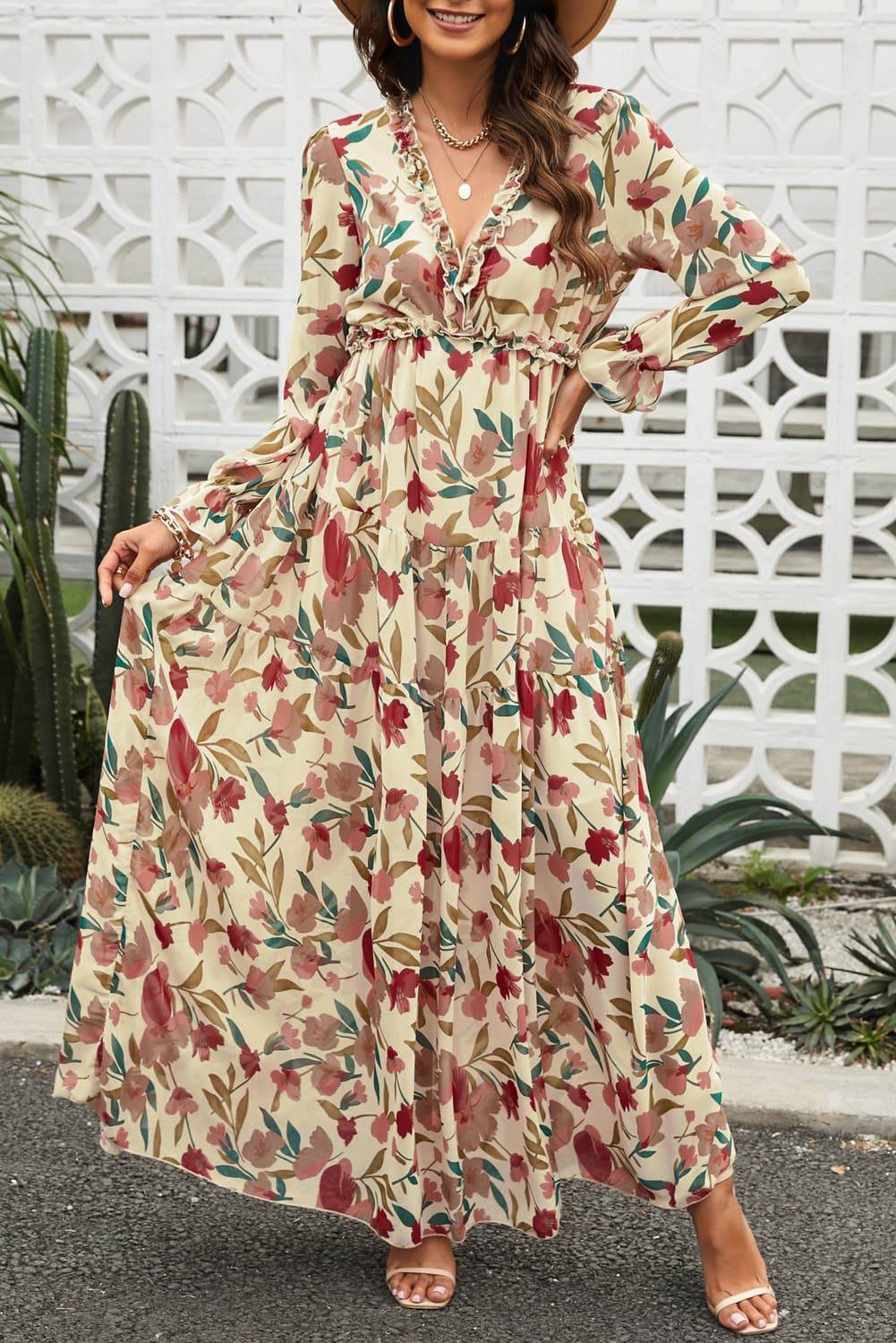 Floral Frill Trim Flounce Sleeve Plunge Maxi Dress - UnLaced Boutique