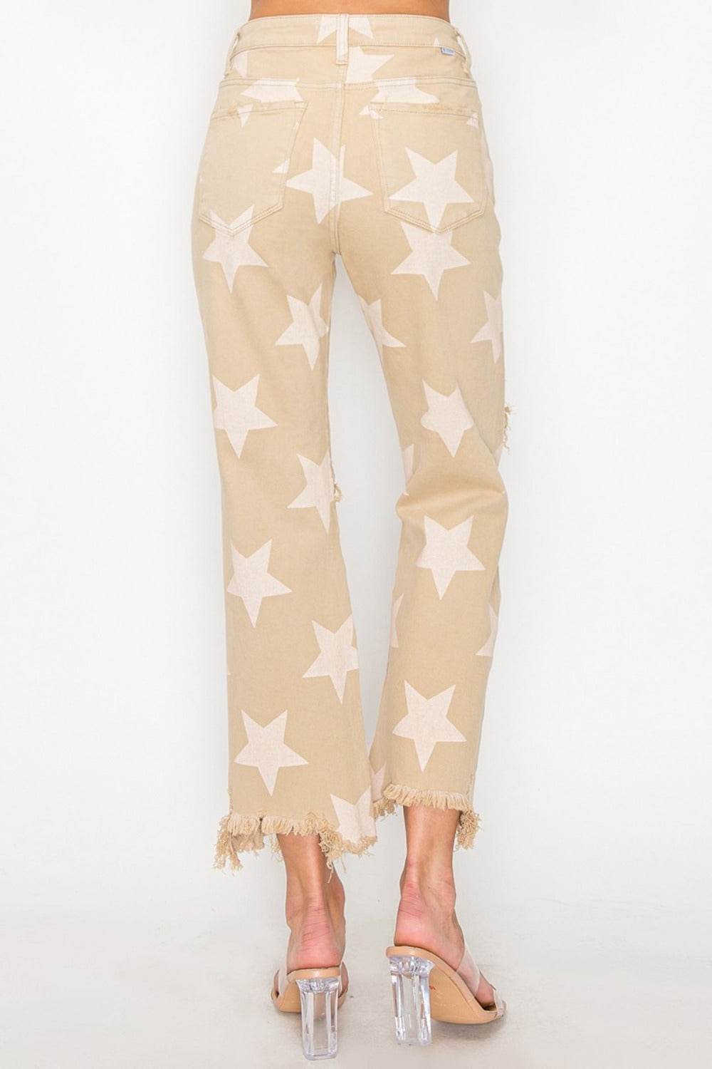 RISEN Full Size High Rise Star Printed Frayed Hem Jeans - UnLaced Boutique