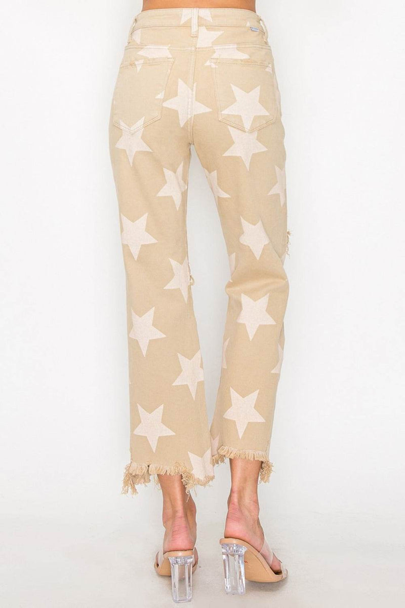 RISEN Full Size High Rise Star Printed Frayed Hem Jeans - UnLaced Boutique