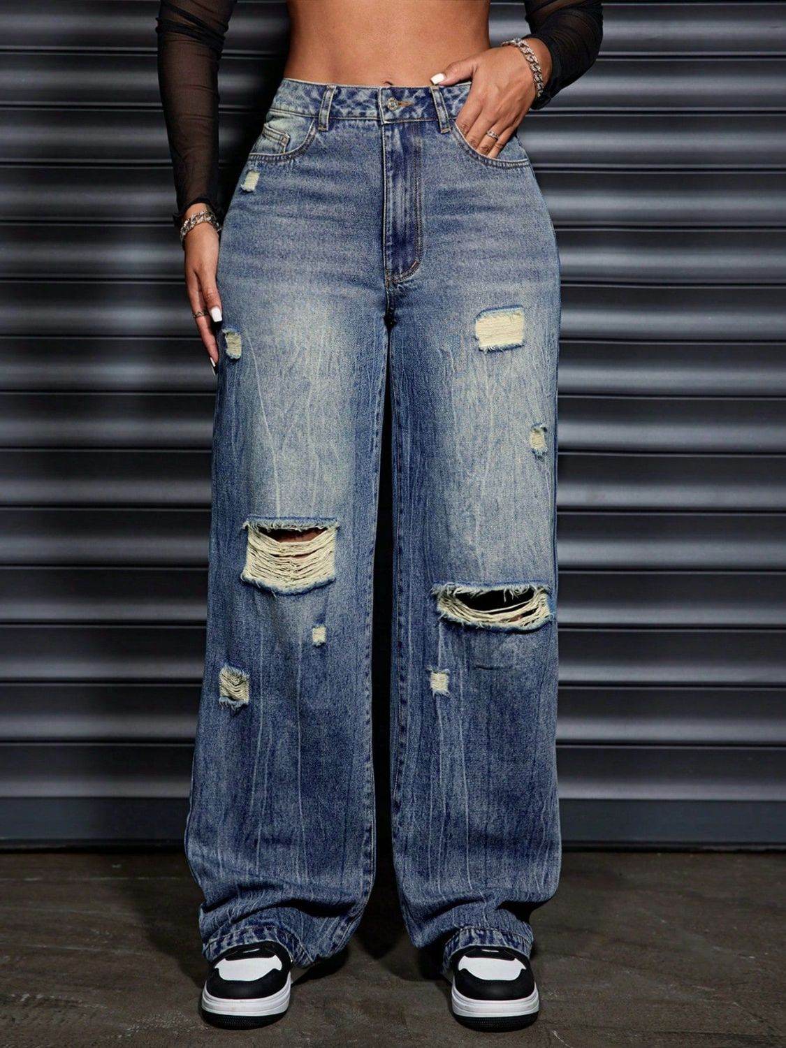 Distressed Wide Leg Jeans with Pockets - UnLaced Boutique