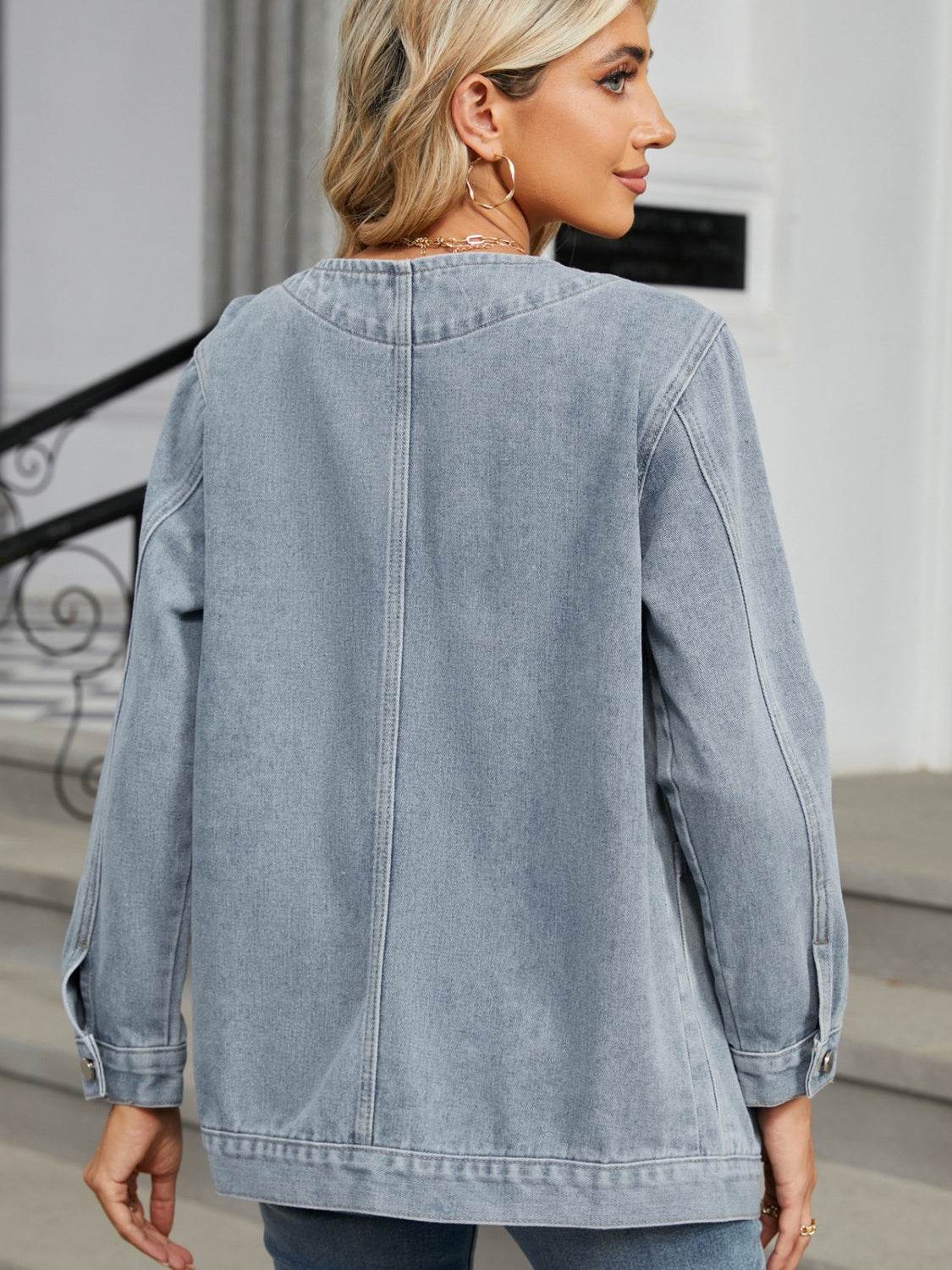 Pocketed V-Neck Button Up Denim Jacket - UnLaced Boutique