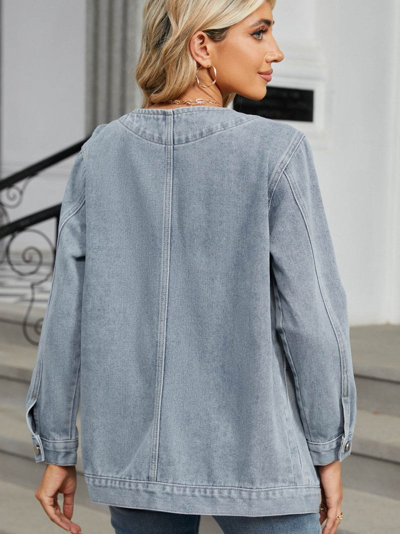 Pocketed V-Neck Button Up Denim Jacket - UnLaced Boutique