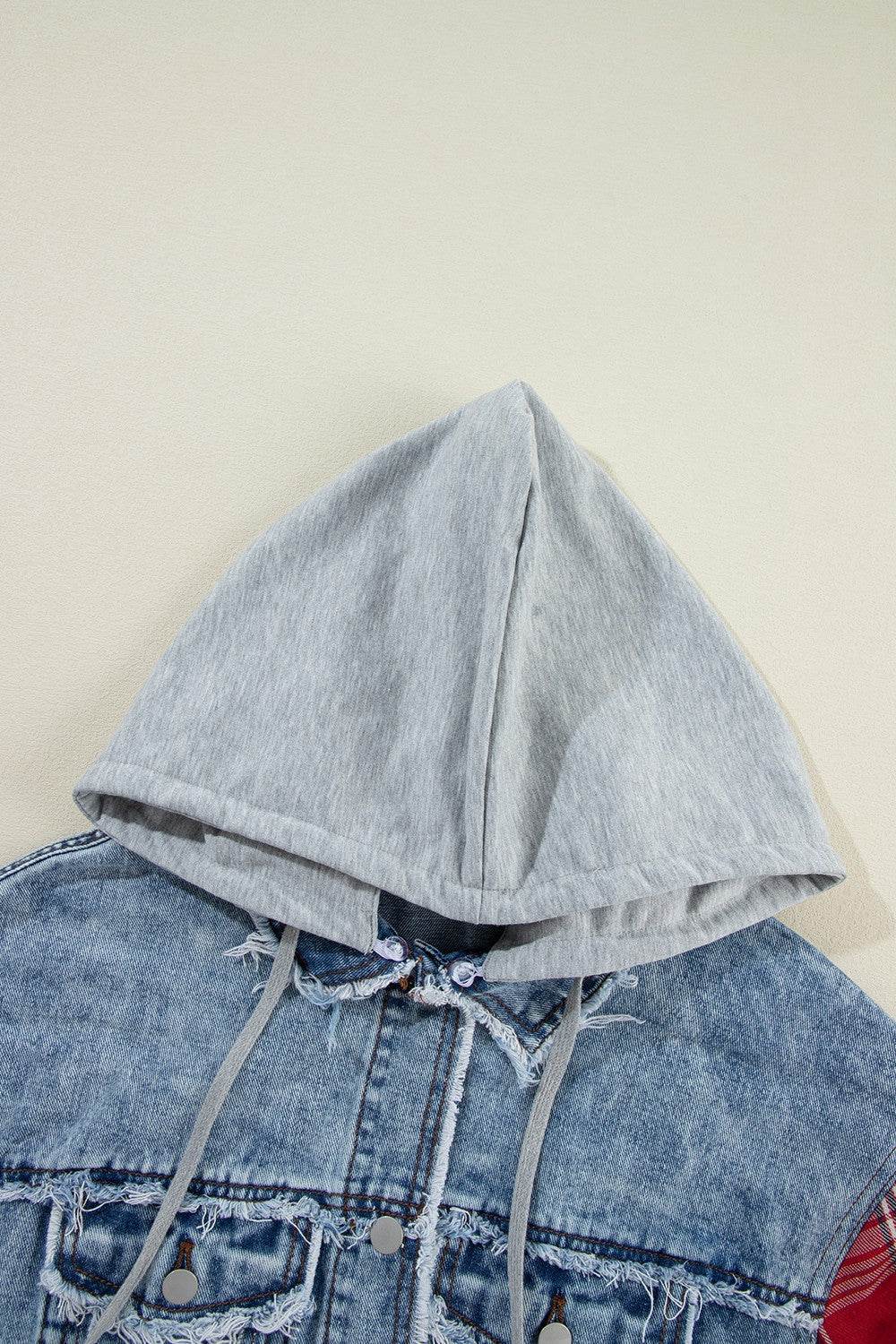 Raw Hem Drawstring Plaid Denim Jacket - UnLaced Boutique