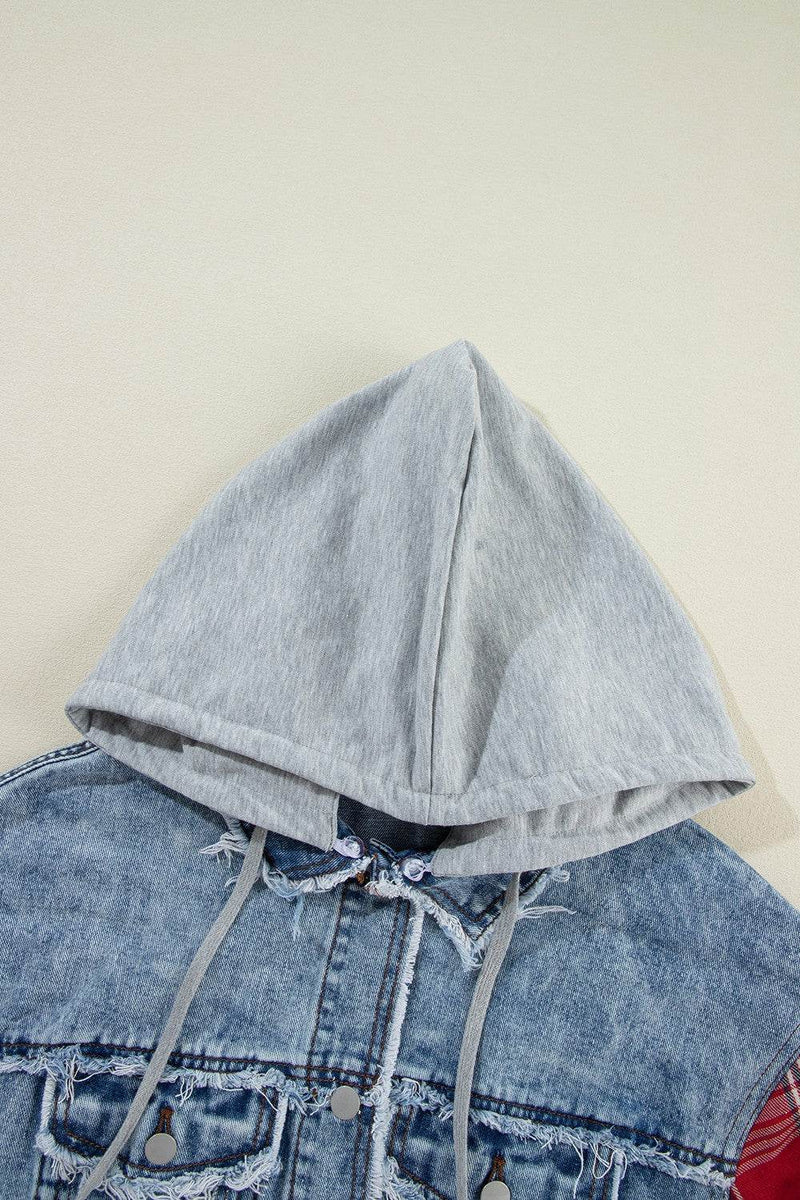 Raw Hem Drawstring Plaid Denim Jacket - UnLaced Boutique