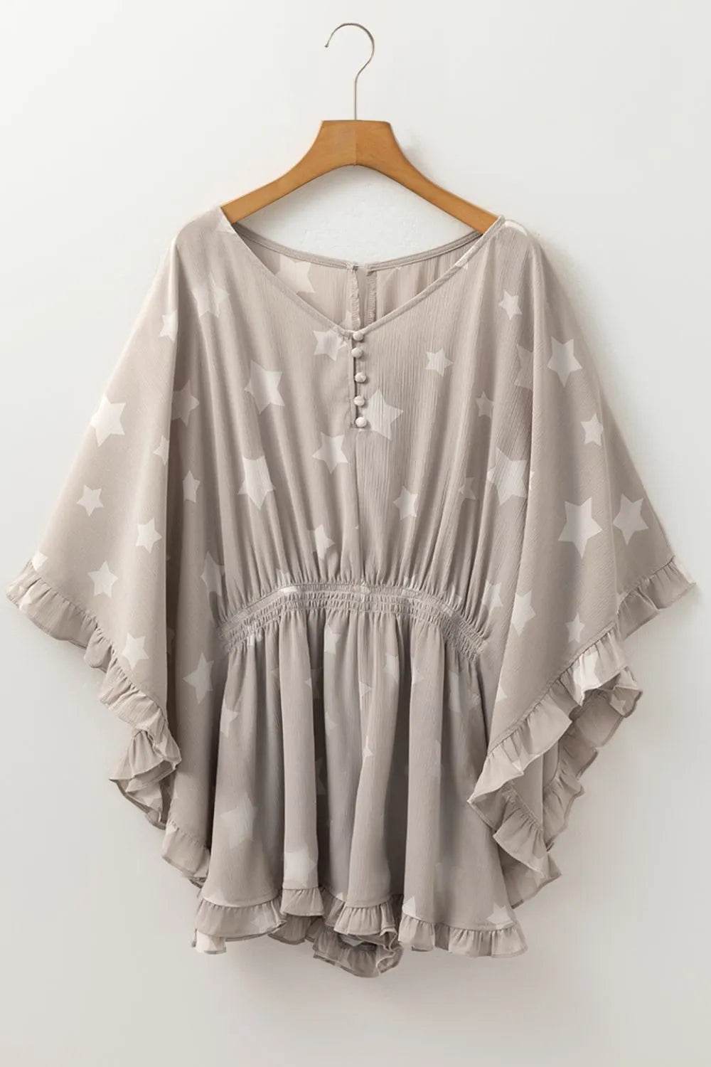 Star Print Crinkle Textured Kimono Ruffle Sleeve Romper - UnLaced Boutique