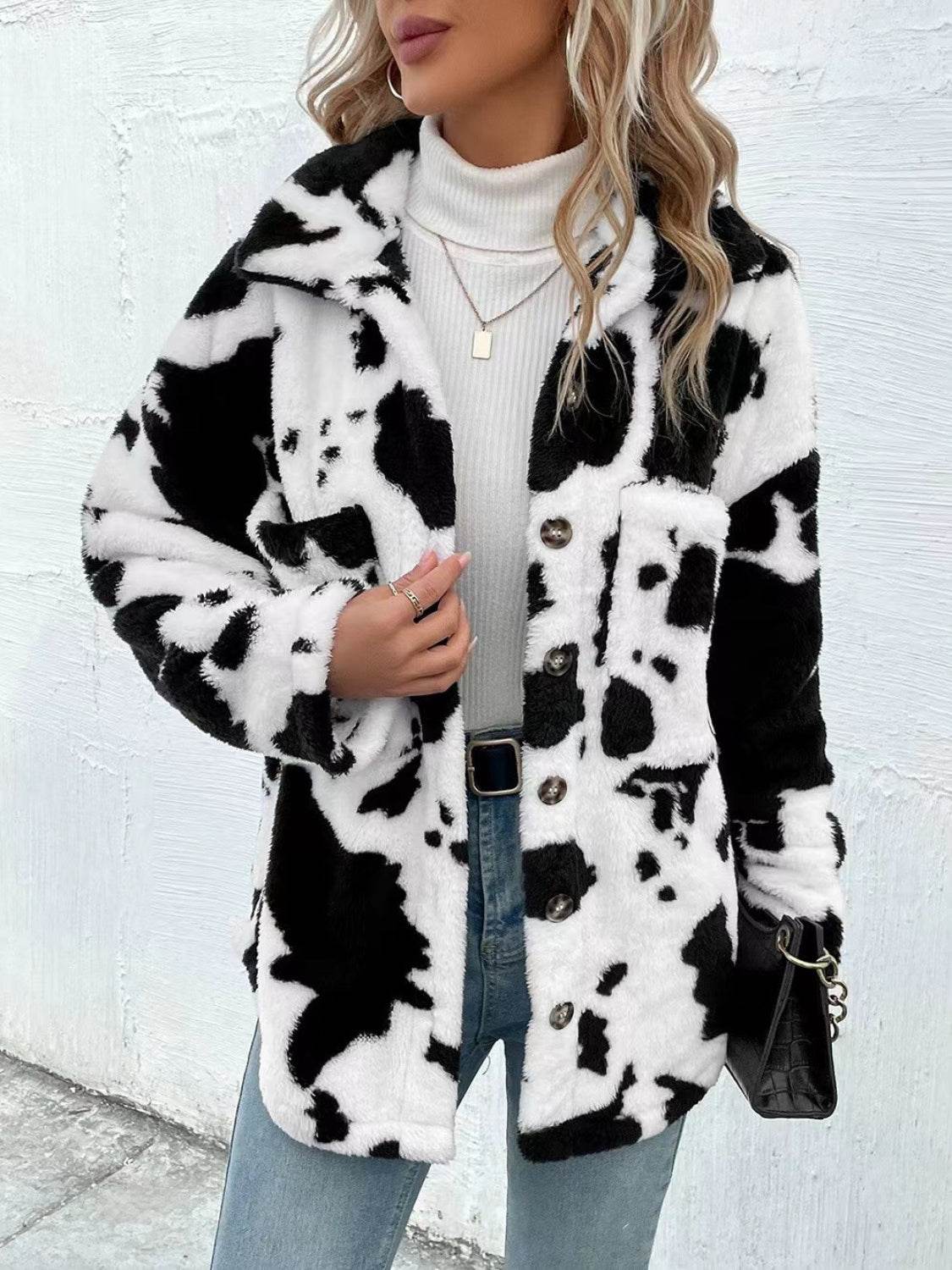 Cow Print Collared Neck Button Up Fuzzy Jacket - UnLaced Boutique