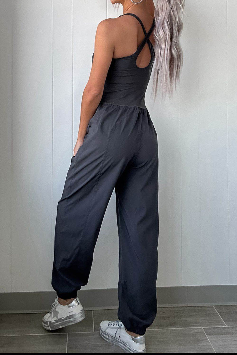Cutout Square Neck Wide Strap Active Jumpsuit - UnLaced Boutique