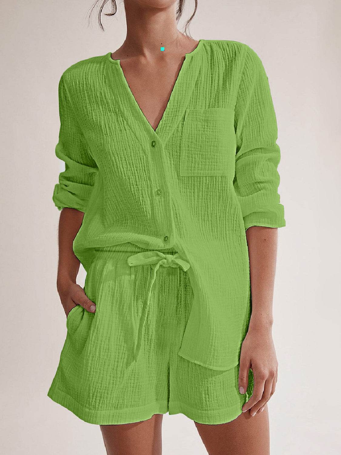 Notched Long Sleeve Top and Shorts Set - UnLaced Boutique