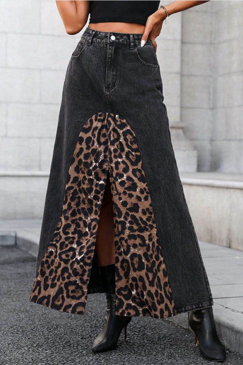 Slit Leopard Midi Denim Skirt - UnLaced Boutique