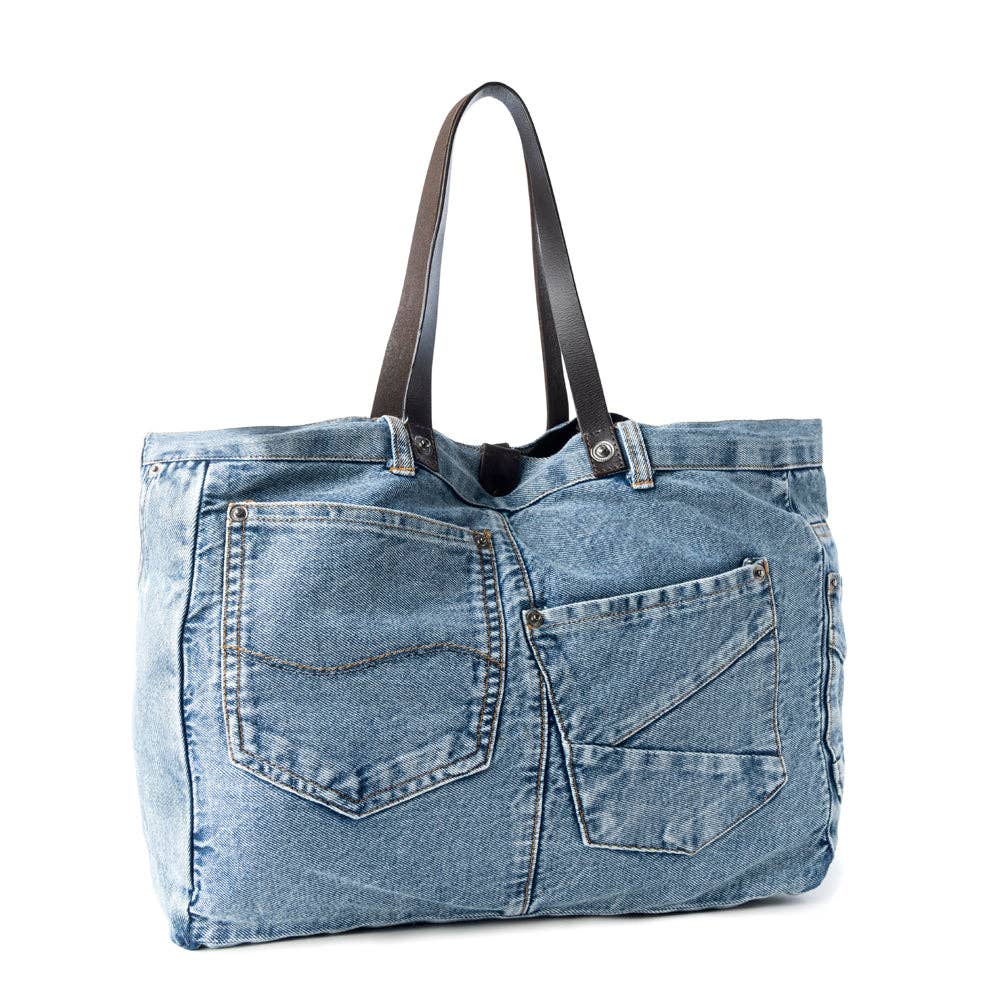Billyjean Western denim Tote Bag for Women in denim blue with leather detail - Denim Blue - UnLaced Boutique