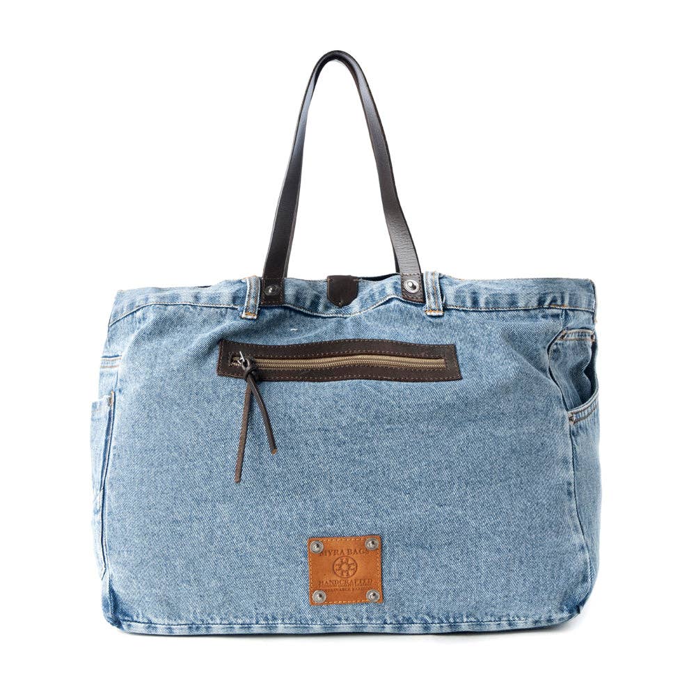 Billyjean Western denim Tote Bag for Women in denim blue with leather detail - Denim Blue - UnLaced Boutique