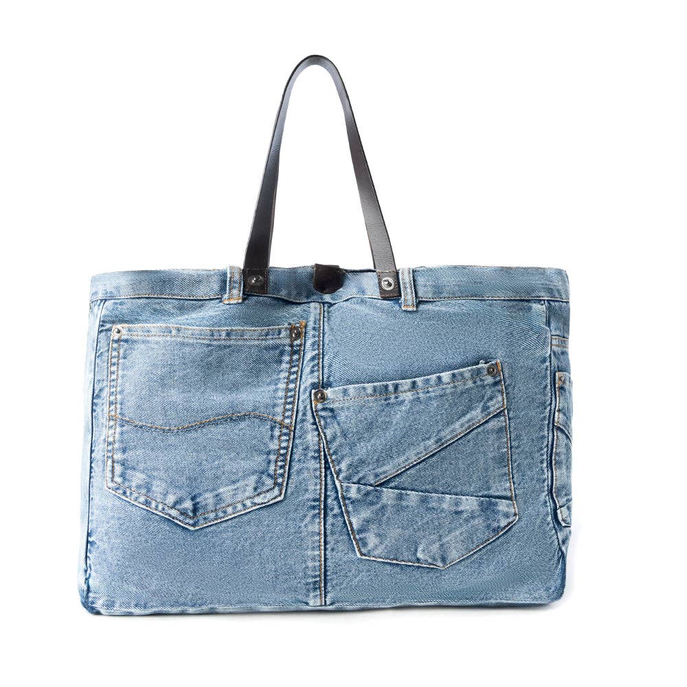 Billyjean Western denim Tote Bag for Women in denim blue with leather detail - Denim Blue - UnLaced Boutique