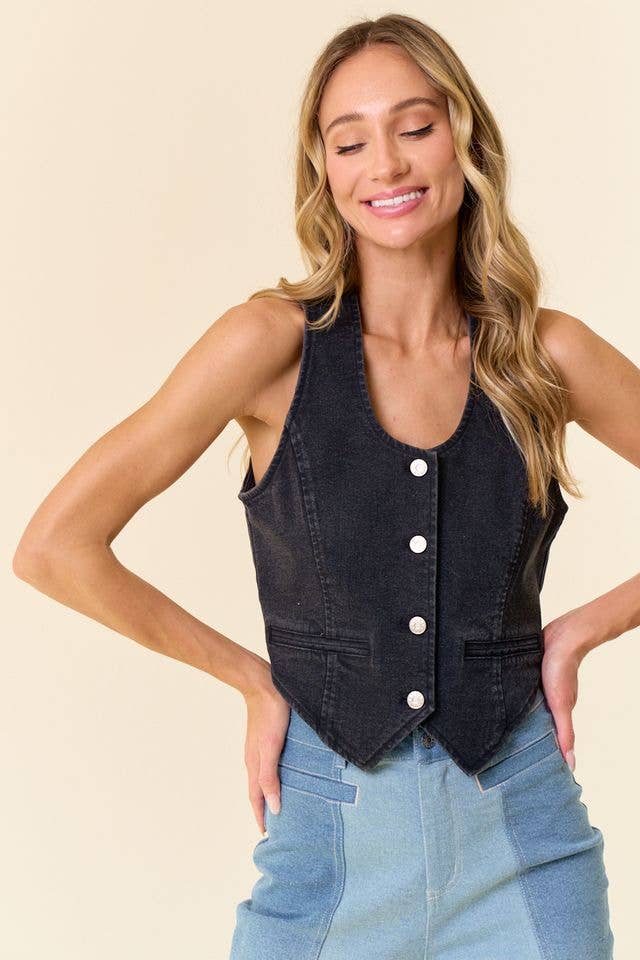 BLACK BUTTON DOWN LIGHT WEIGHT DENIM VEST - UnLaced Boutique