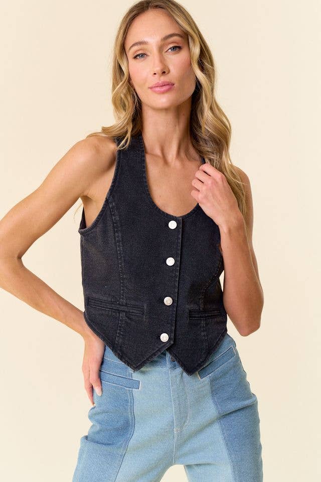 BLACK BUTTON DOWN LIGHT WEIGHT DENIM VEST - UnLaced Boutique