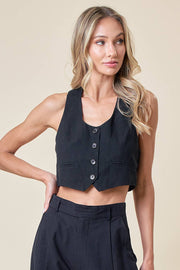 BLACK CROPPED BUTTON DOWN VEST - UnLaced Boutique