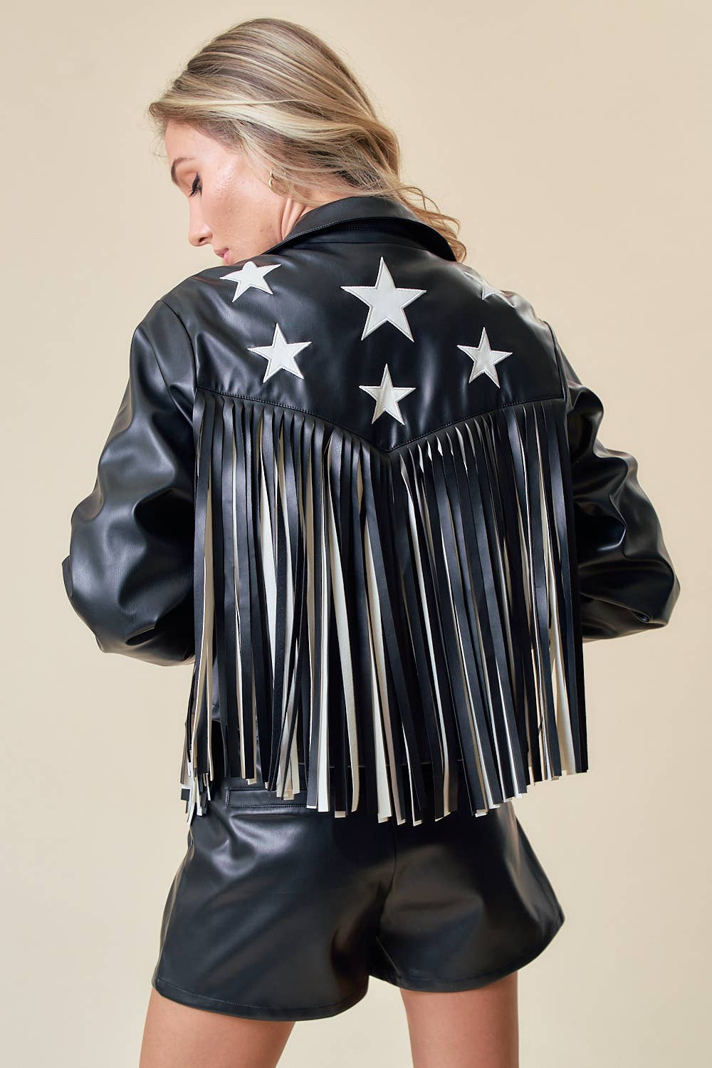 BLACK FAUX LEATHER FRINGE JACKET WITH GOLD STARS - UnLaced Boutique