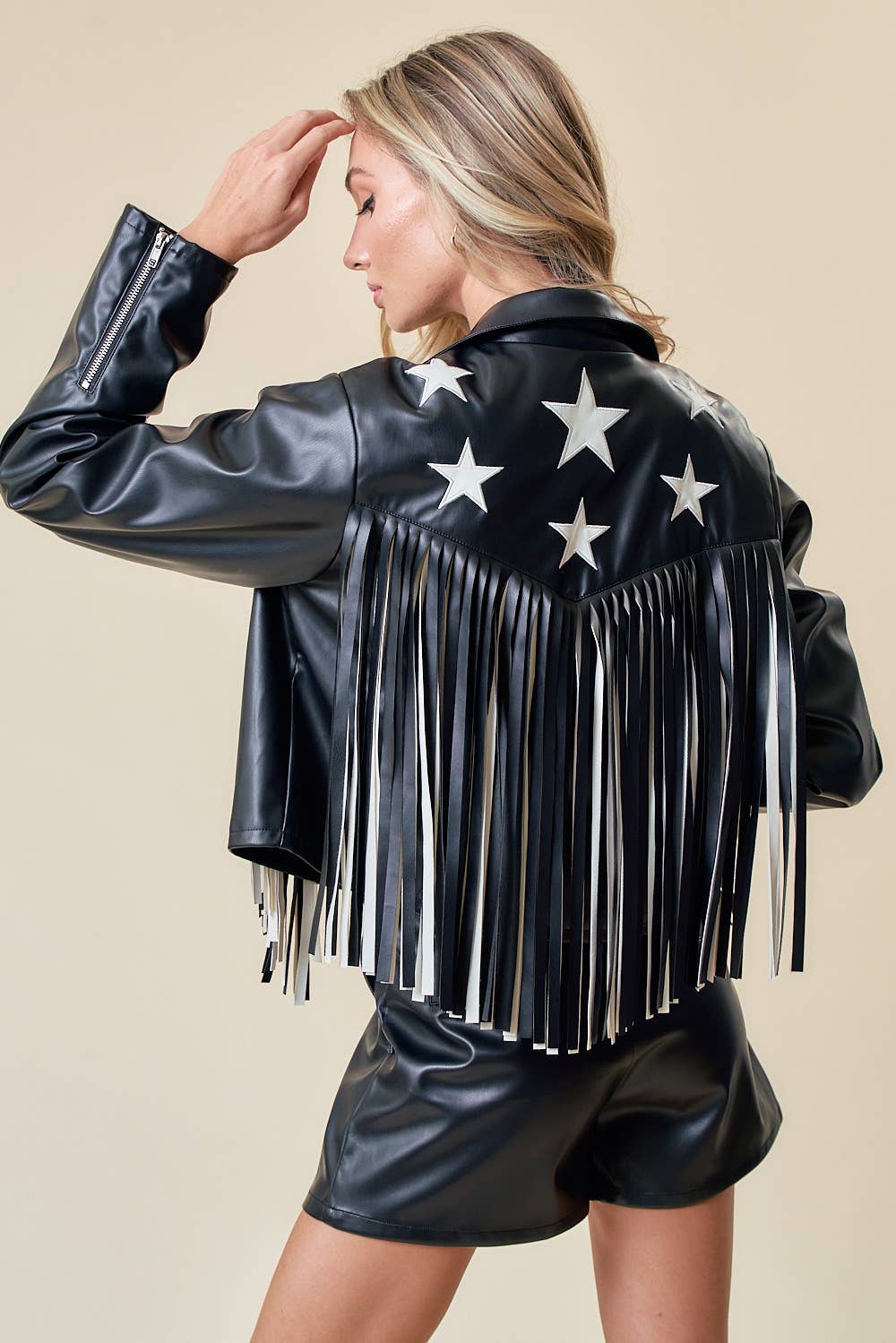 BLACK FAUX LEATHER FRINGE JACKET WITH GOLD STARS - UnLaced Boutique