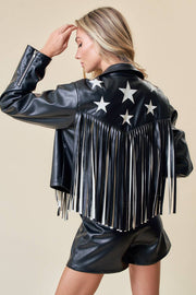 BLACK FAUX LEATHER FRINGE JACKET WITH GOLD STARS - UnLaced Boutique