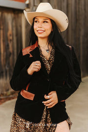 Black Luxe Velvet Blazer W Contrast Leather Yoke Detail - UnLaced Boutique