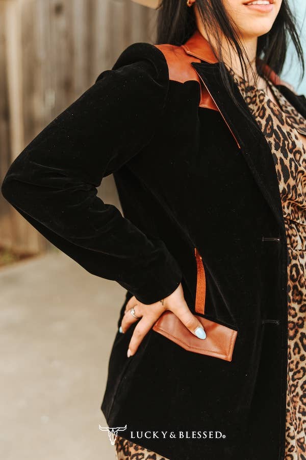 Black Luxe Velvet Blazer W Contrast Leather Yoke Detail - UnLaced Boutique