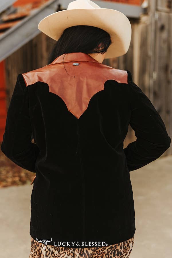 Black Luxe Velvet Blazer W Contrast Leather Yoke Detail - UnLaced Boutique