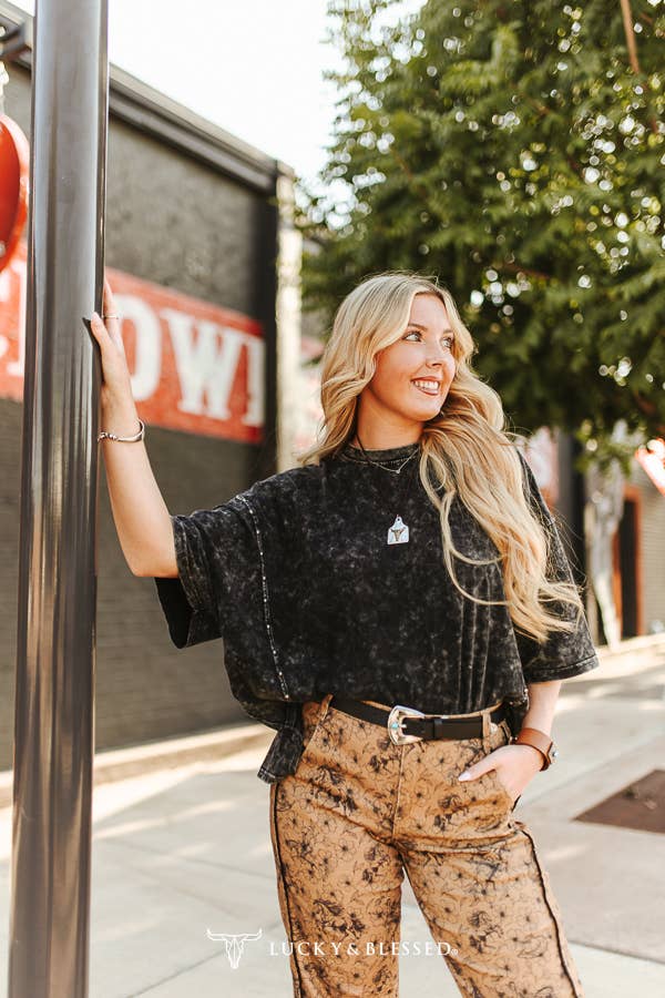 Black Mineral Wash Studded Oversized Boyfriend Tee - UnLaced Boutique