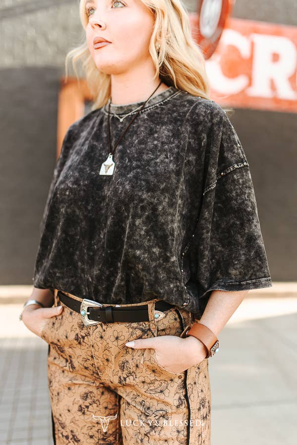 Black Mineral Wash Studded Oversized Boyfriend Tee - UnLaced Boutique