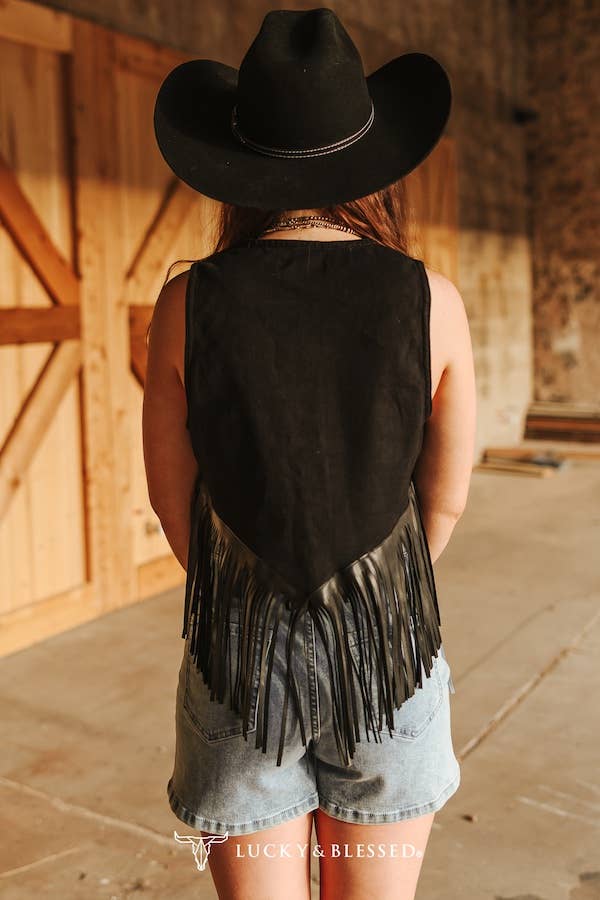  Black Stretch Contrast Stitching Faux Leather Fringe Top - UnLaced Boutique