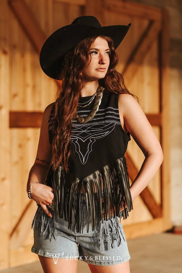  Black Stretch Contrast Stitching Faux Leather Fringe Top - UnLaced Boutique