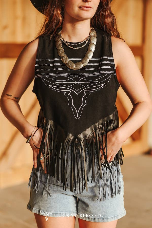  Black Stretch Contrast Stitching Faux Leather Fringe Top - UnLaced Boutique