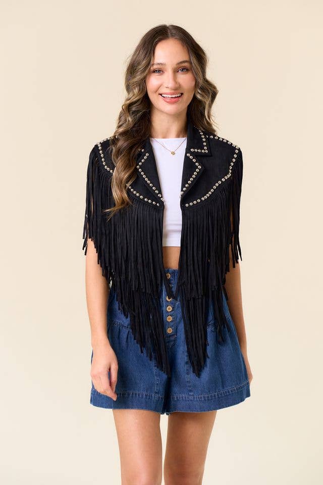BLACK STUDDED FRINGE SHRUG - UnLaced Boutique