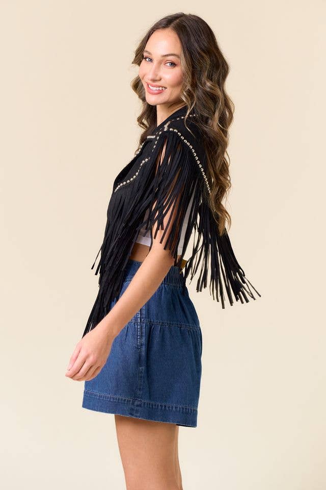 BLACK STUDDED FRINGE SHRUG - UnLaced Boutique