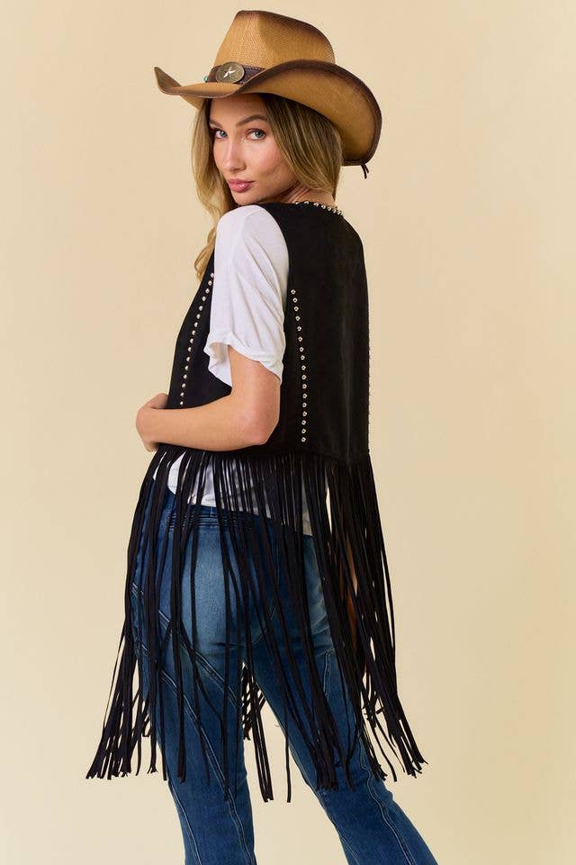 BLACK STUDDED LONG FRINGE FAUX SUEDE VEST - UnLaced Boutique