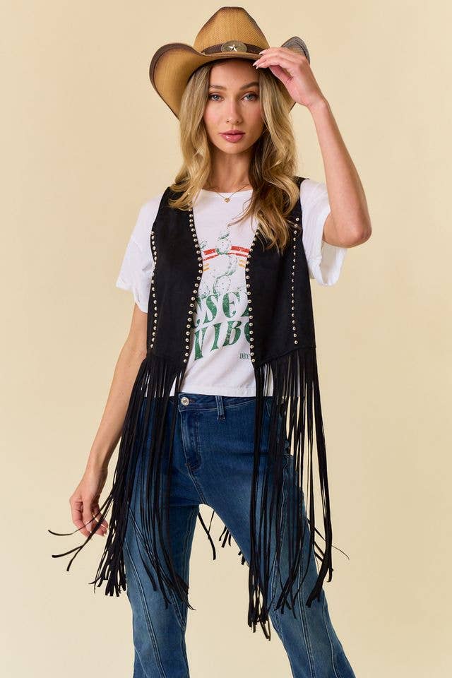 BLACK STUDDED LONG FRINGE FAUX SUEDE VEST - UnLaced Boutique